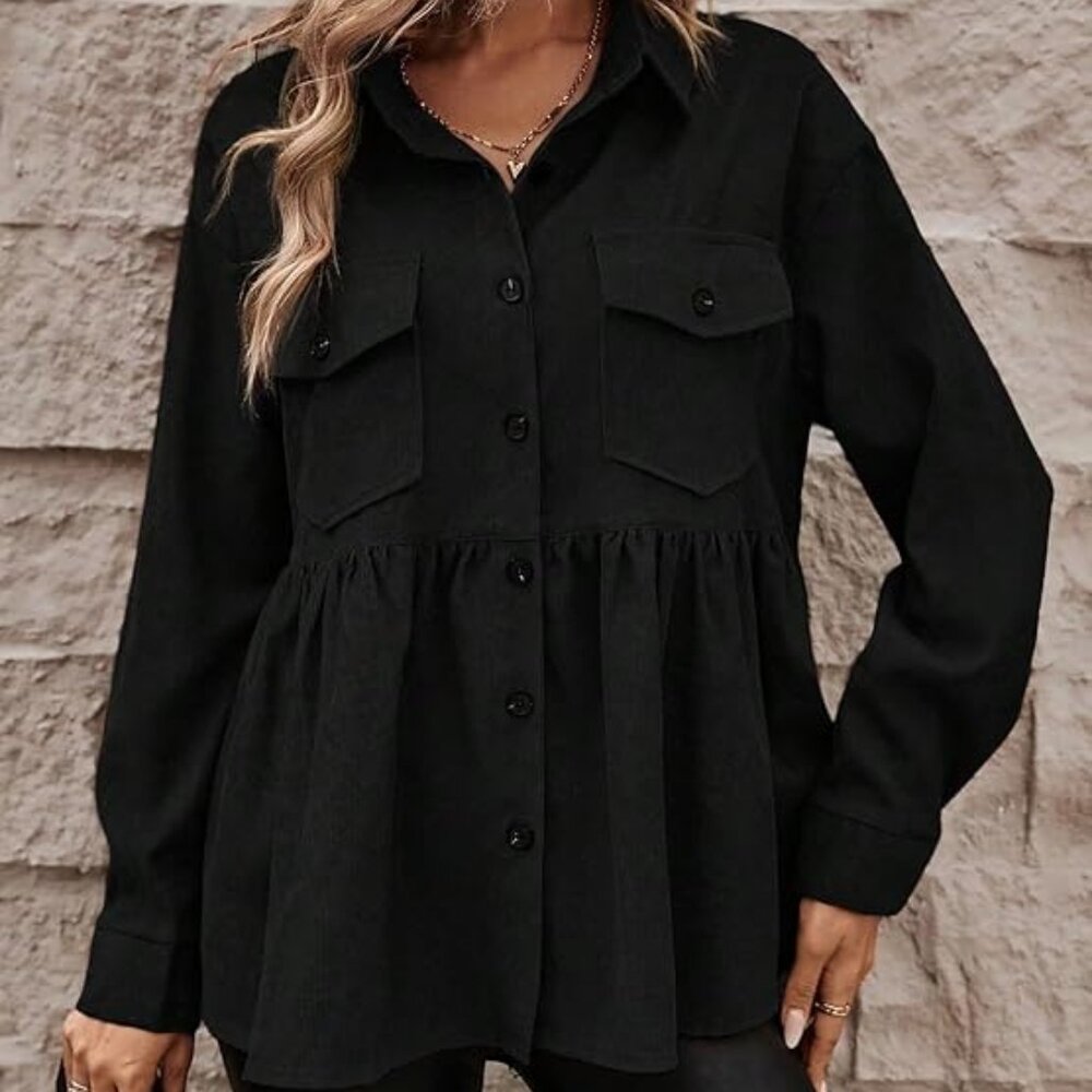 Emery Rose Women's Black Pocket Ruffle Hem Button Front LS Shirt | Size Small